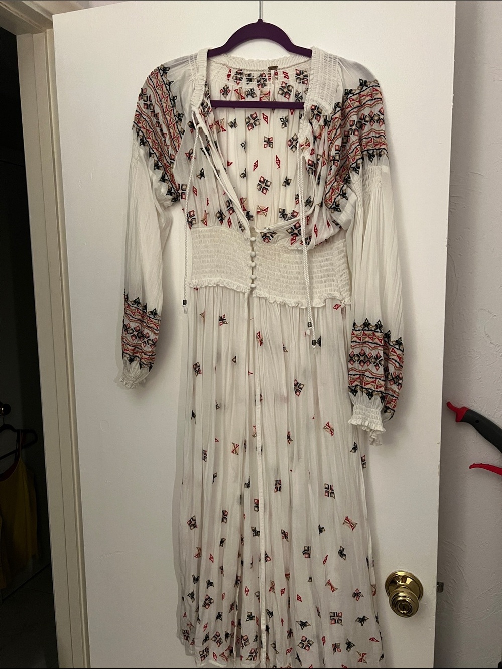 NEW-Free People White Maxi Dress with Red & Black Embroidery- BRAND NEW-